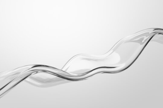 Flowing transparent liquid glass wave on a light gray background, abstract minimal shape, 3d render