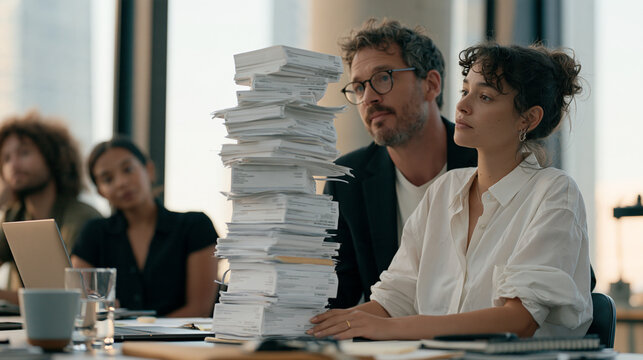 Productivity coach team under overcast sky balancing a precarious tower of invoices on a small desk during a local versus abroad volunteer debate, the dramatic light emphasizing
