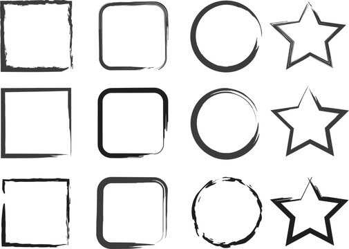 Set of black brush stroke geometric shapes including squares circles and stars in outline and solid styles