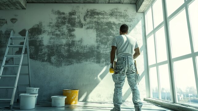 Professional Male Painter Posing Confidently Against A Large Partially Painted Light Grey Wall