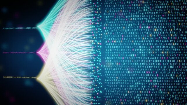 Abstract 3d animation of flowing digital data streams and glowing binary numbers in a dark space