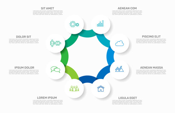 Circular infographics template with colorful steps and business icons for process workflow design. Vector illustration.