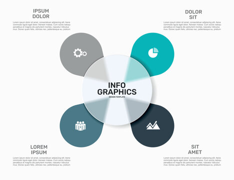 Business infographics design template with colorful circular steps, icons, and central info graphics layout. Vector illustration.