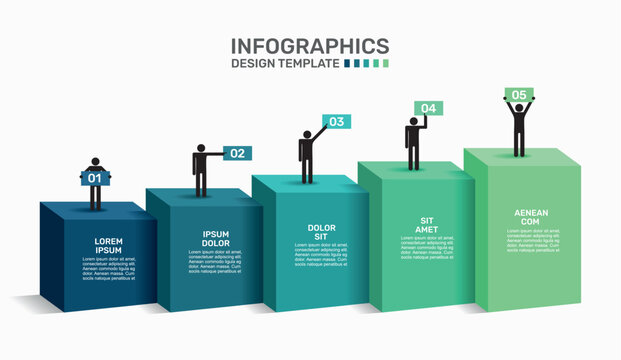 Infographic design template with five growing bar steps and stick figures celebrating. Vector illustration.