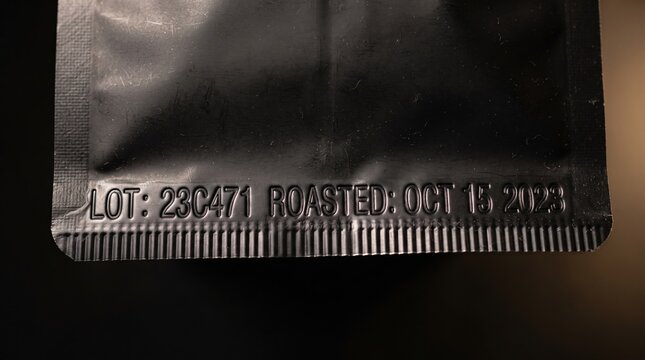 A black coffee bag displays a lot number and roast date, promising freshness for coffee lovers looking to brew.