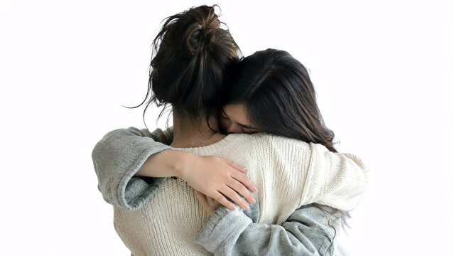 Two women embracing in a comforting hug, expressing emotional support, empathy, friendship and compassion against a clean white background.