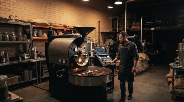 A skilled barista manages a coffee roasting machine, filling the air with rich aromas in a welcoming roastery at dusk.