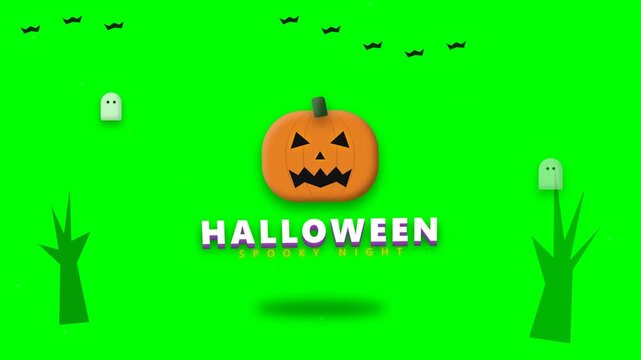 Happy Halloween spooky night vector greeting card design with carved pumpkin and ghost elements.