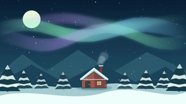 Loop animated winter night landscape with a small cottage, pine trees, snow falling, and aurora borealis. Cozy wooden house in snowy mountains at night with glowing aurora sky and full moon