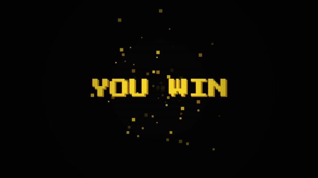 Nostalgic arcade victory screen displaying blocky pixelated achievement text surrounded by shimmering golden debris for gaming milestones 4k video