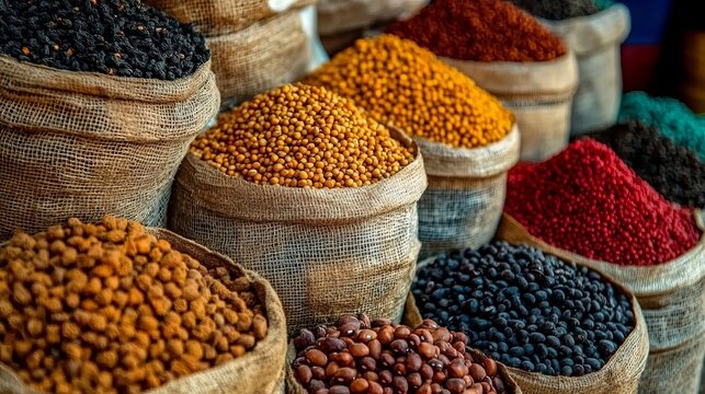 Abundant Sacks Of Various Legumes Grains Cereals Seeds Nuts And Dry Spices Stored In Open Market