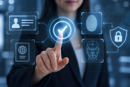 Businesswoman touching virtual interface completing KYC digital identity verification with biometric fingerprint and facial recognition security graphics for fintech compliance and onboarding