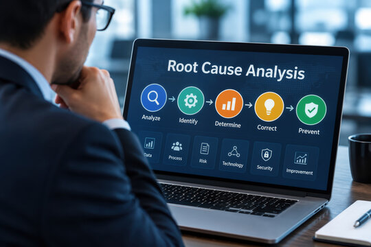 Root Cause Analysis on laptop screen with business professional reviewing data for risk management, corrective action, prevention and cybersecurity to improve processes and compliance
