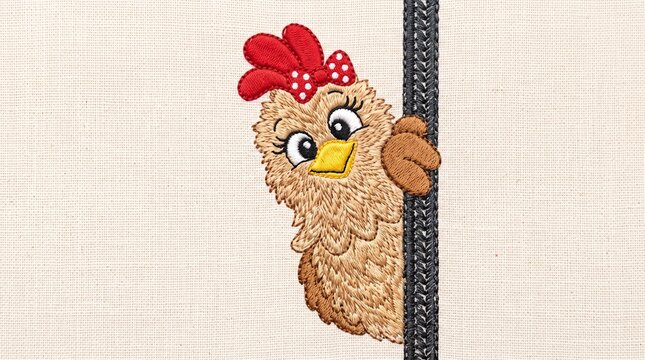 Embroidered cartoon chicken peeking from behind a black zipper