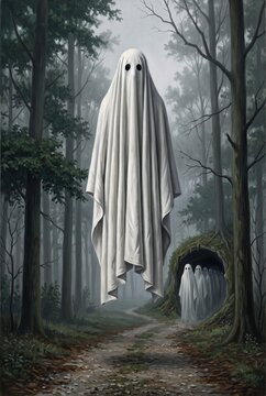 A large white sheet ghost with black eyes hovers on a dirt path in a misty, dark forest while other smaller ghosts emerge from a hollow tree.