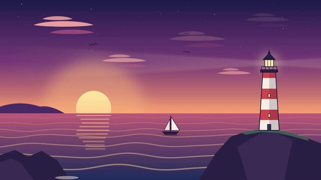 Loop animated sea sunset with lighthouse beacon, small boat, and peaceful evening sky. Cozy twilight ocean landscape with a glowing lighthouse, setting sun, and calm waves