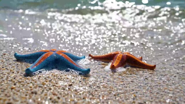 Blue and Orange Starfish on Sandy Beach with Ocean Waves