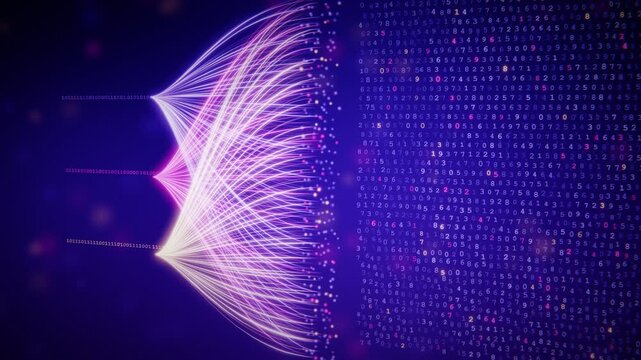 Abstract 3d animation of flowing digital data streams and glowing binary numbers in a purple space background