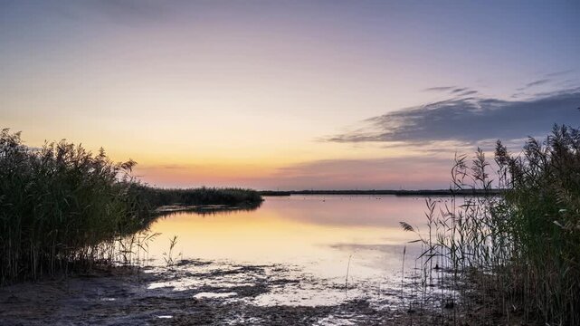 Ground-level time-lapse of sunrise over Tushenze wetland lake, framed by reeds, as golden light spreads across mirror-calm water, Bayannur, Inner Mongolia, China.