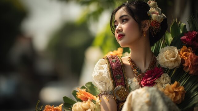 Thai woman in traditional dress with flowers.