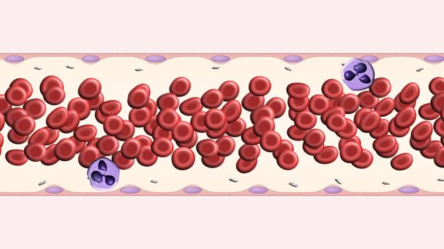 Blood flow in a venule, red blood cells in the axial stream with platelets and neutrophils rolling along the vessel wall, leukocyte margination, seamless loop 4K medical animation.
