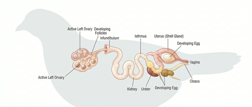 Anatomical diagram of the avian female reproductive system showing internal organ structures