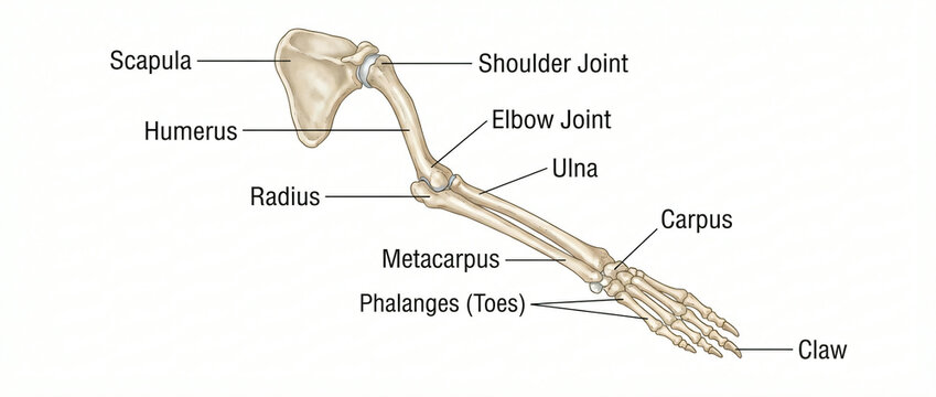 Anatomical diagram of a mammalian forelimb skeleton with labeled bones and joint structures