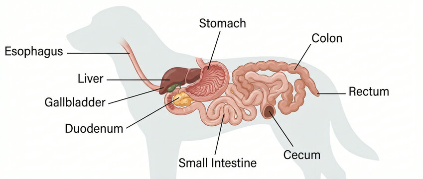 Educational diagram showing the canine digestive system anatomy with labeled internal organs