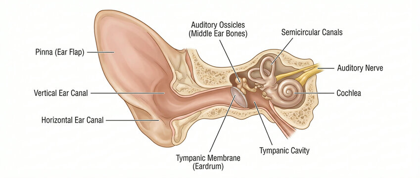 Detailed anatomical cross section illustration of a canine ear structure with labeled components