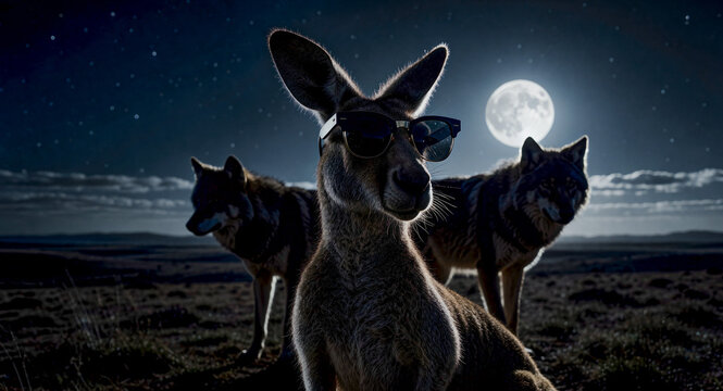 Kangaroo wearing sunglasses with two wolves at night