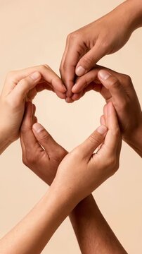 Diverse hands forming heart shape for unity, inclusion and community support