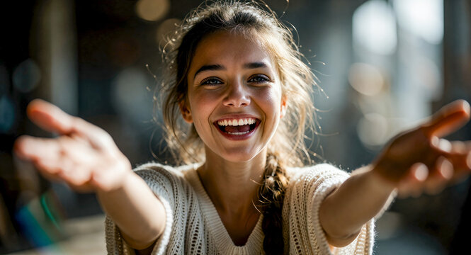 Smiling woman with outstretched arms