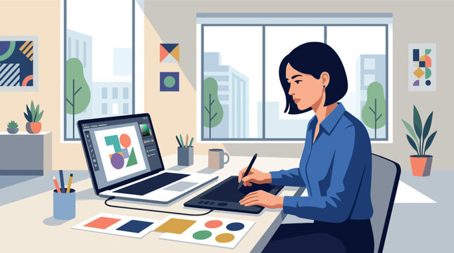 Professional female graphic designer using drawing tablet and laptop