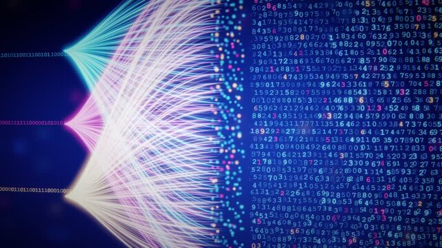Abstract 3d animation of flowing data streams and digital numbers in a futuristic technology background