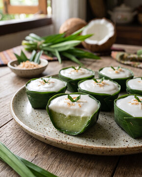 Refined macro food photograph of authentic Thai Khanom Tako, a layered coconut and pandan pudding served in delicate folded pandan-leaf cups.