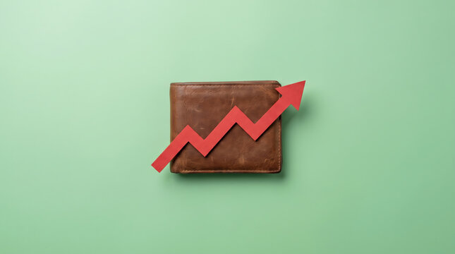 Rising graph showing living cost growth beside leather wallet. Economic inflation recession crisis. finance price rate increase, budget expense debt poverty, chart trend