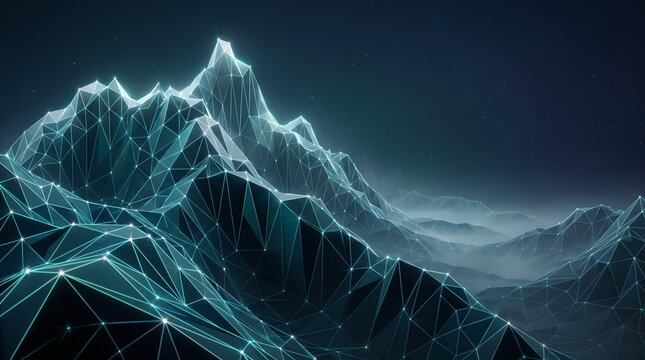 Turquoise low-poly mountain range outlined in glowing lines with misty layered ridges