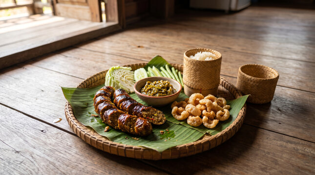 Northern Thai Sausage with Green Chili Dip and Sticky Rice