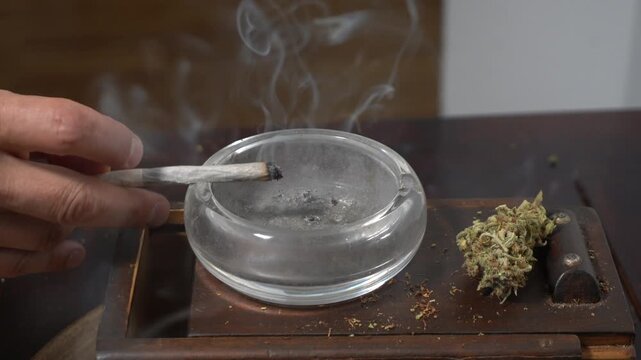 More and more young people are using drugs and smoking joints&mdash;a young person's hands preparing a cigarette with tobacco and marijuana (weed). Soft drug thc addiction among school-age youth.