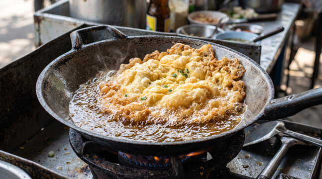 Fluffy Thai Omelette Frying in Hot Oil in a Wok