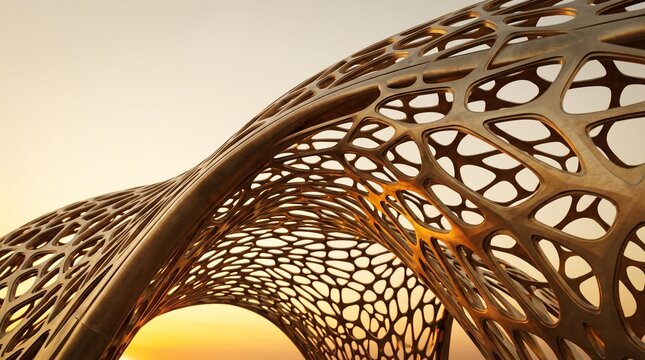 Curved voronoi pavilion shell in bronze and gold with glowing cut-out cells at golden hour