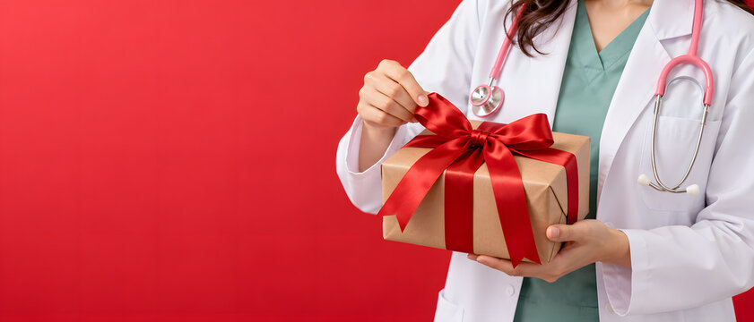 Doctor, healthcare and gift with stethoscope for christmas, medical surprise and hospital appreciation. Female professional, physician and present with copy space for health and wellness blog clinic 