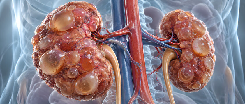 Polycystic kidney disease, anatomy and medical illustration for healthcare education, biology and urology. Human organs, renal failure and cysts in body with nephrology, science and pathology researc