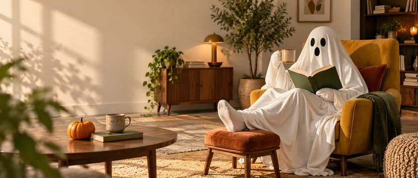 Ghost in armchair reading book and drinking coffee in cozy living room with warm lighting. Halloween theme at home with pumpkin, plants and furniture for seasonal marketing and leisure concept