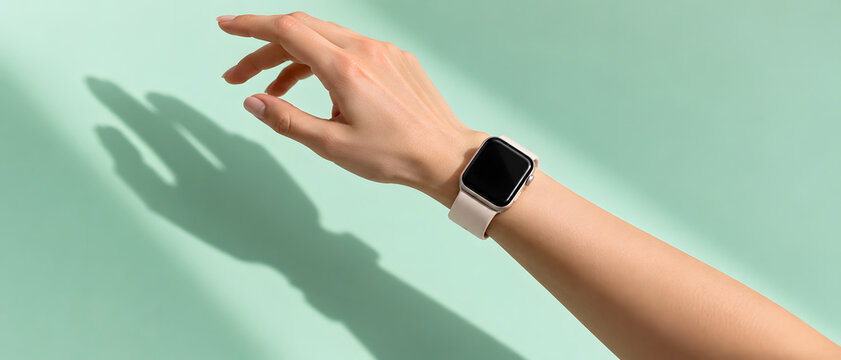 Smartwatch, hand and tech for health tracking, wellness monitoring and digital connection. Woman, wearable and device with shadow on green background for marketing, lifestyle, fitness app and time