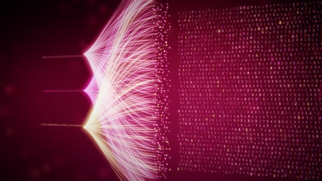 Abstract 3d animation of flowing digital data streams and binary numbers in pink and magenta background