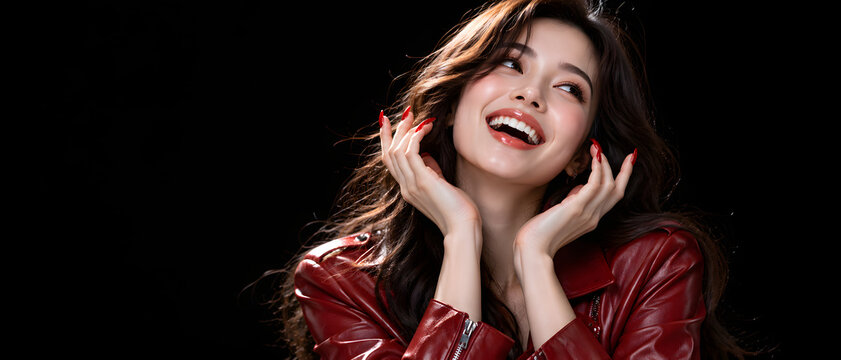 Happy Asian woman, beauty and fashion in red leather jacket on black background for advertising, marketing and retail. Portrait, smile and style with copy space for skincare or commercial media.