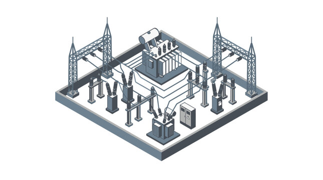 Minimalist Isometric of a Substation with Power Lines Transformers and Electrical Equipment in Monochrome