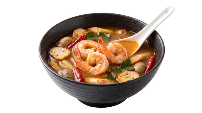 Spicy tom yum soup with shrimp and vegetables on a transparent background