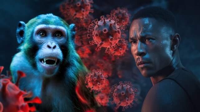 A monkey and a man against the backdrop of 3D virus models, illustrating the topic of zoonotic infection transmission.